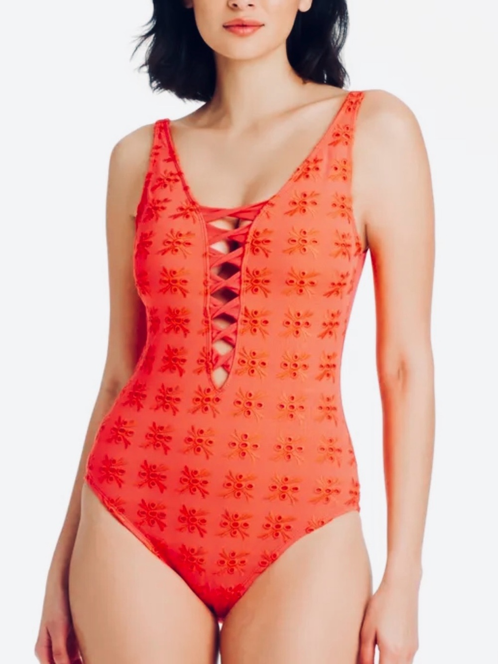 Bleu Rod Beattie Coral Lace-Up One-Piece Coral Eyelet Swimsuit Sz 10 NWT $129